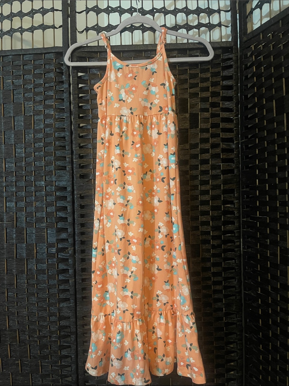 btween Peach Floral Maxi Dress with Teal and White Accents